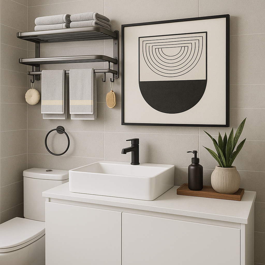 Suport prosoape baie, pliabil, aluminiu spatial, cu polita si carlige, lungime 60cm, Gri