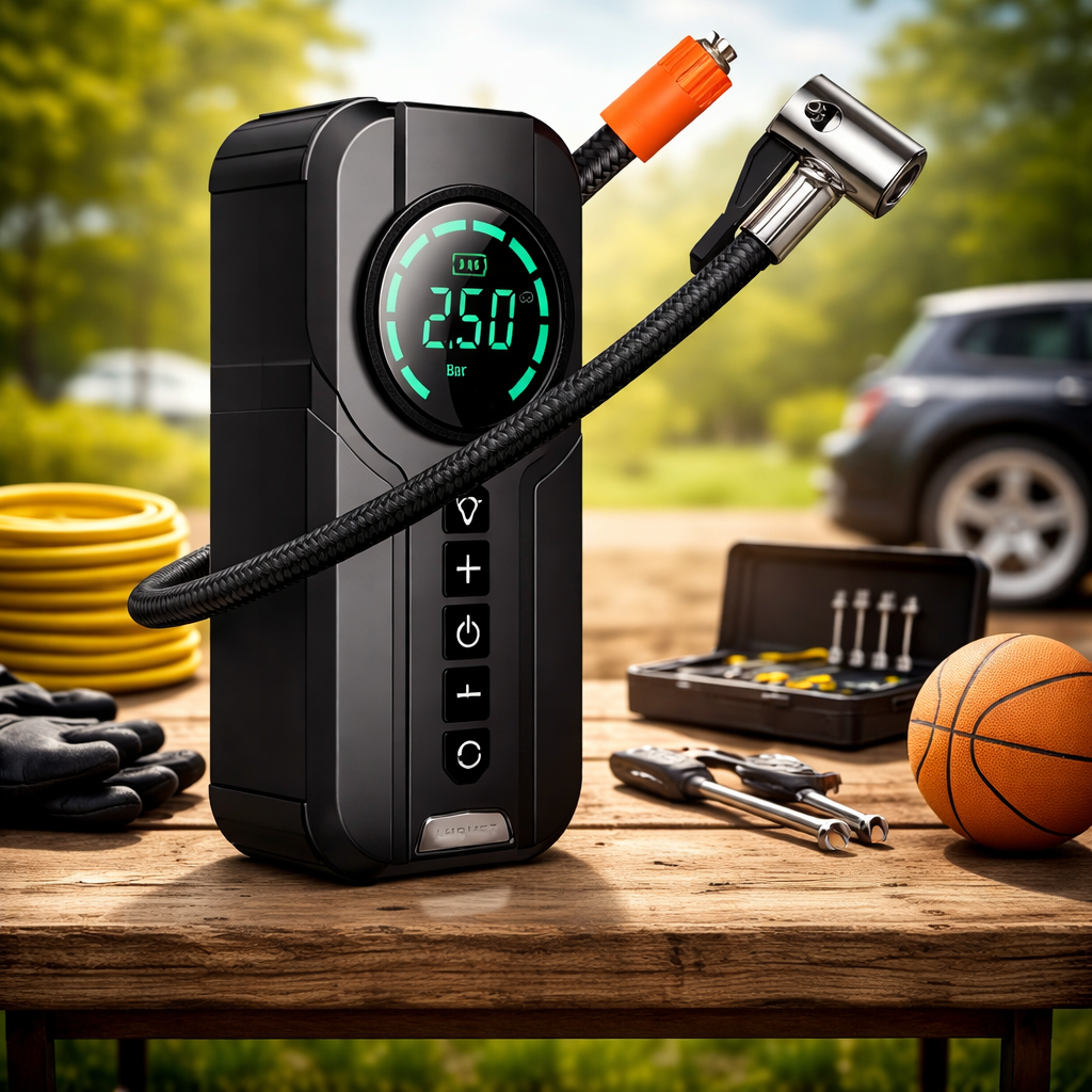 Compresor auto multifunctional 5 in 1 cu pornire urgenta, afisaj digital si baterie externa