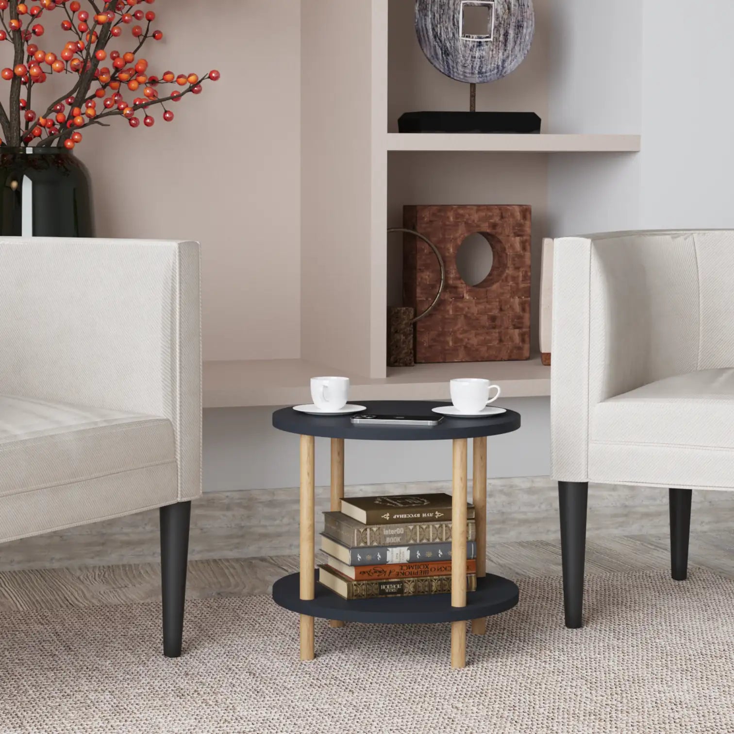 Masuta Cafea Rotunda Lemn Picioare Metalice Design Modern Gri Antracit - detaliu produs