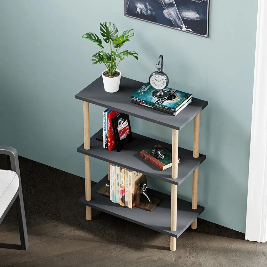 Etajera decorativa cu 3 rafturi si picioare din lemn – ideala ca biblioteca sau masuta laterala