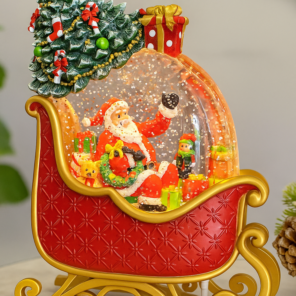 Lampa decorativa Craciun cu Mos Craciun in sanie, lumina si 8 melodii festive