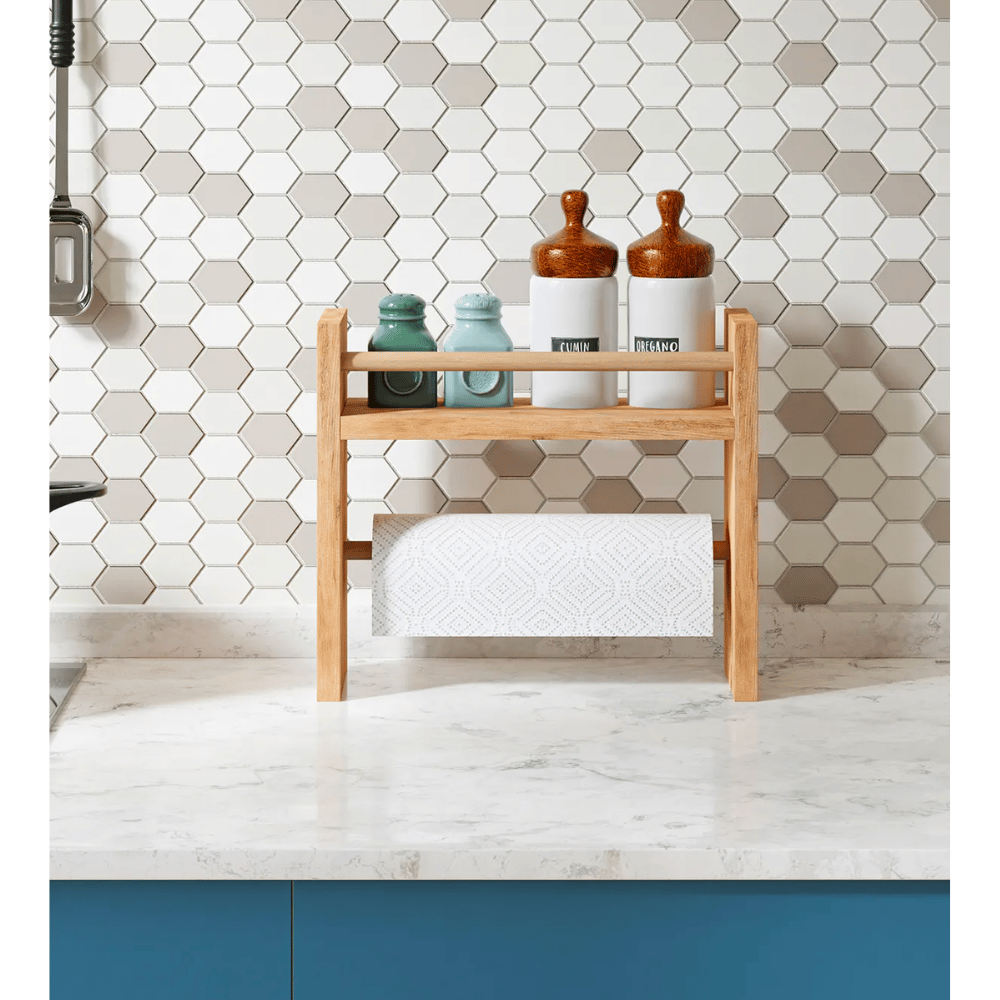 Raft lemn bucatarie 2 in 1 cu suport prosop hartie, organizator condimente, 30x13.5x29 cm
