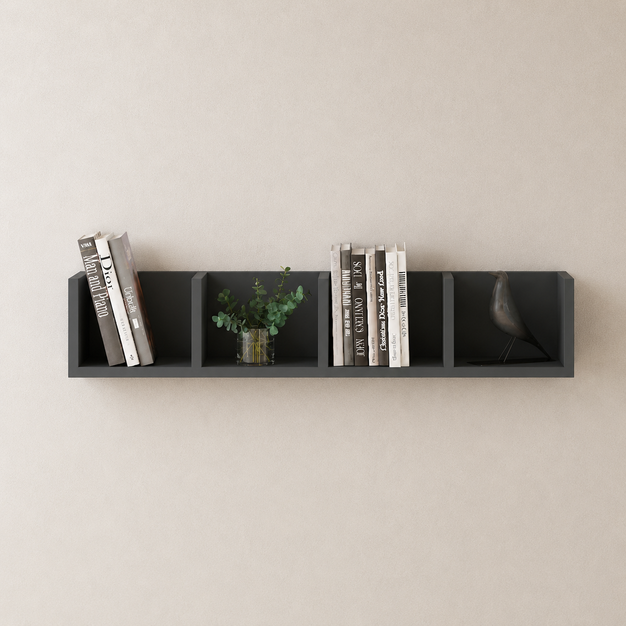 Raft suspendat din PAL 90,5x17,8x17 cm, cu 4 compartimente, pentru carti si decoratiuni