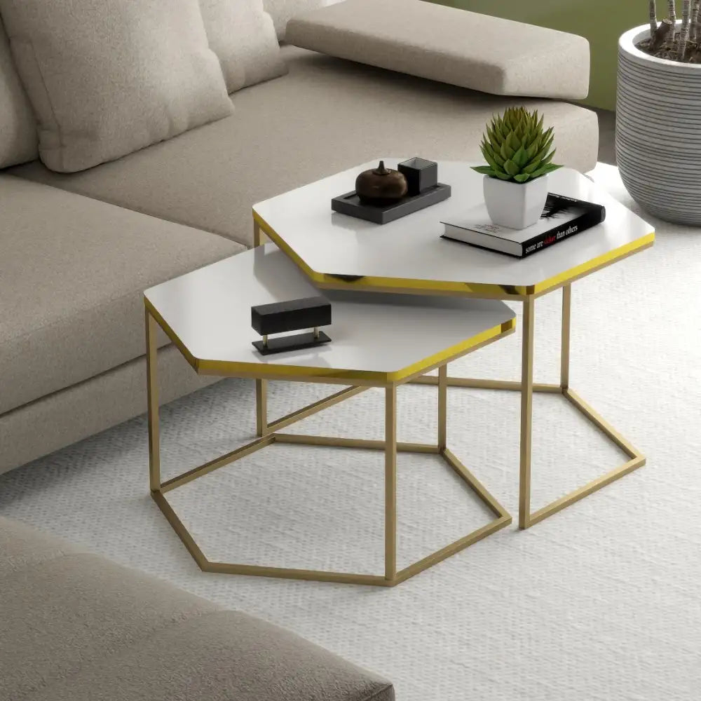 Set de 2 masute hexagonale, design Modern si Elegant cu Cadru Auriu si Blat Alb