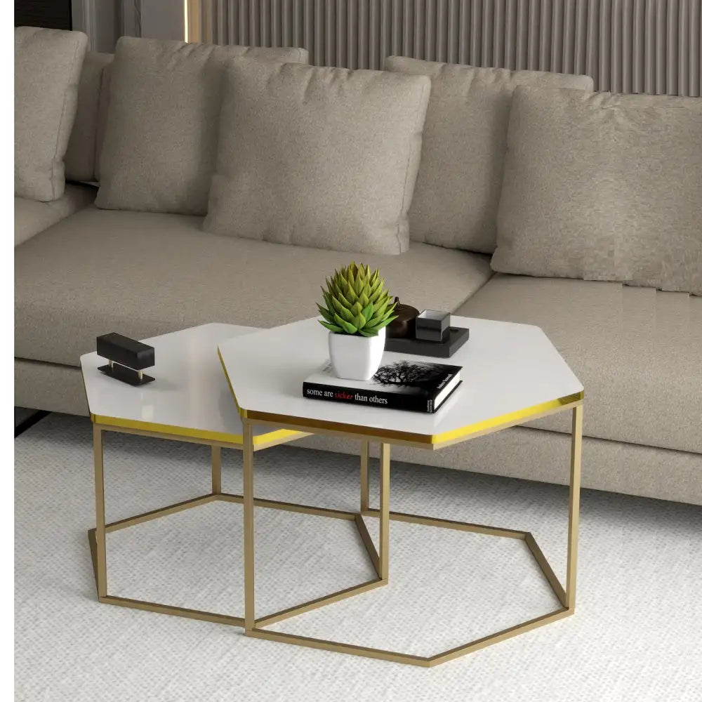 Set de 2 masute hexagonale, design Modern si Elegant cu Cadru Auriu si Blat Alb