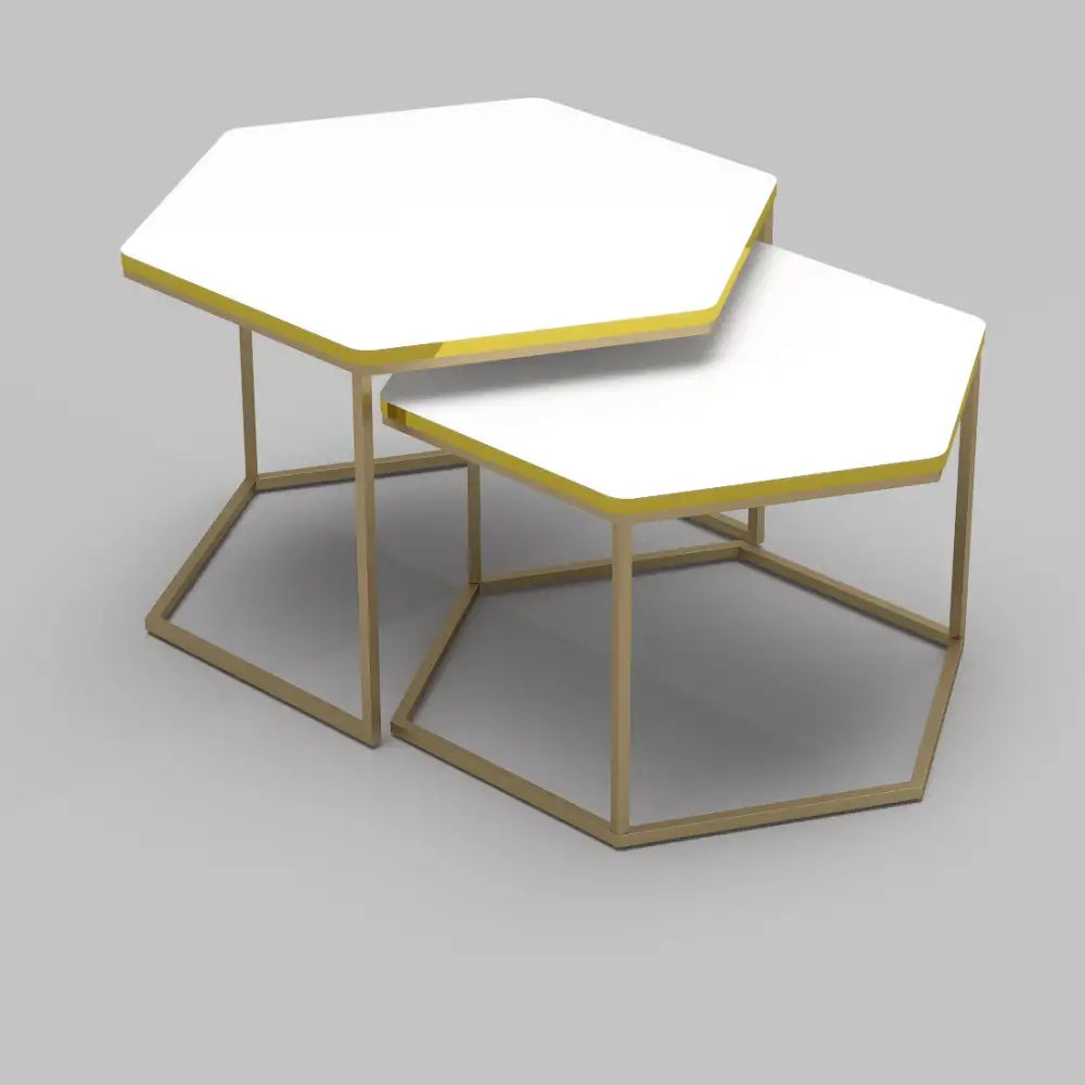 Set de 2 masute hexagonale, design Modern si Elegant cu Cadru Auriu si Blat Alb