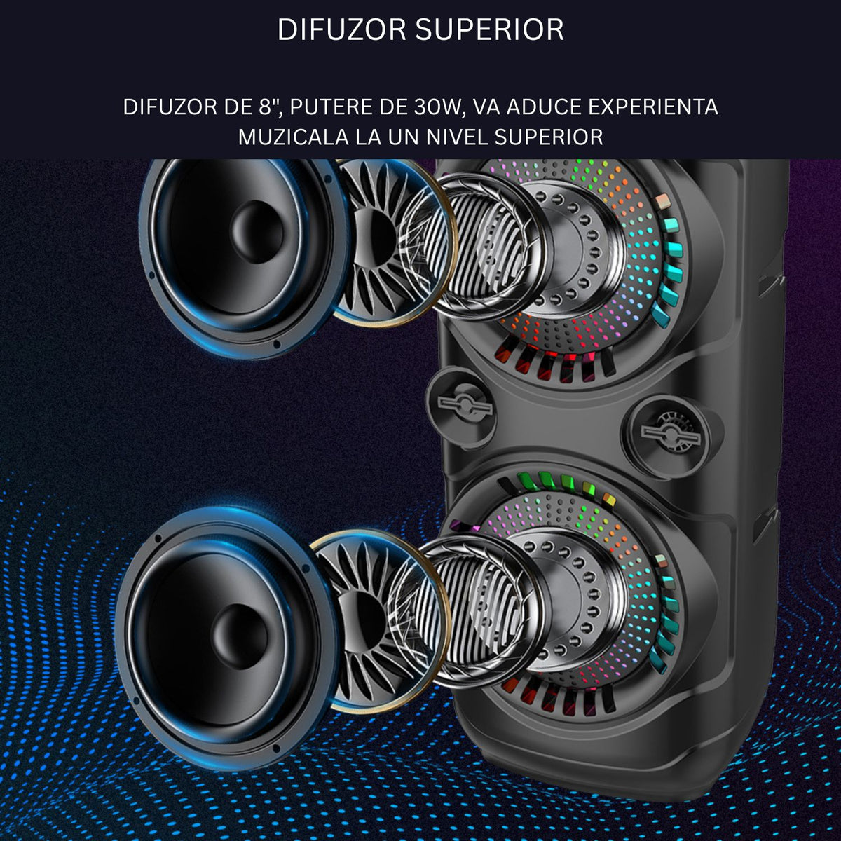 Boxa portabila Bluetooth cu difuzoare duale 8 inch, microfon karaoke, sunet puternic, lumini LED, autonomie mare