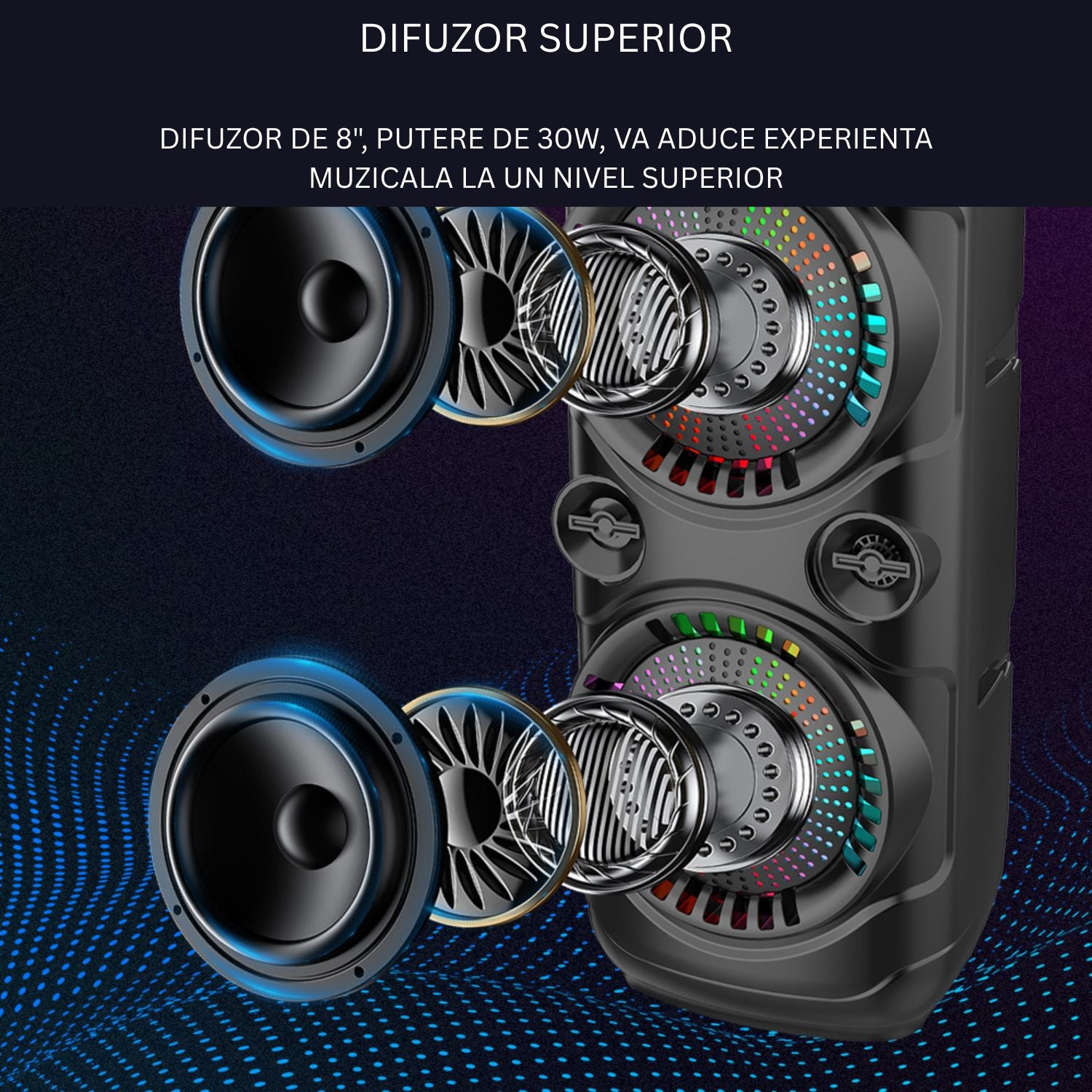 Boxa portabila Bluetooth cu difuzoare duale 8 inch, microfon karaoke, sunet puternic, lumini LED, autonomie mare