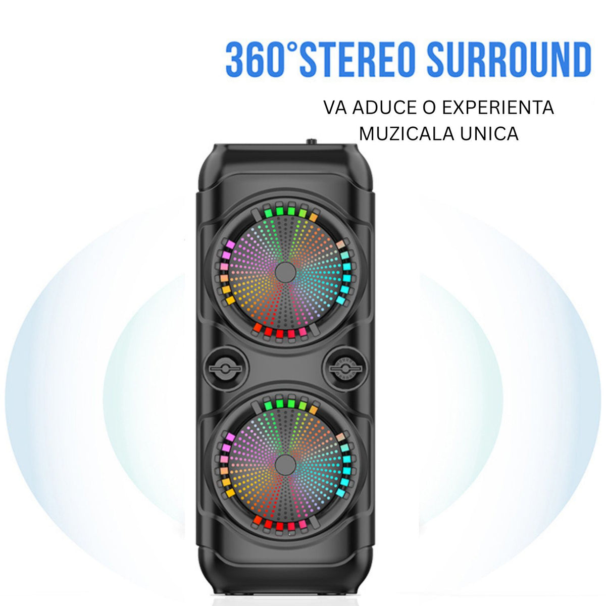 Boxa portabila Bluetooth cu difuzoare duale 8 inch, microfon karaoke, sunet puternic, lumini LED, autonomie mare