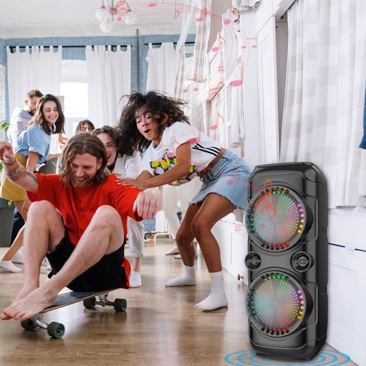 Boxa portabila Bluetooth cu difuzoare duale 8 inch, microfon karaoke, sunet puternic, lumini LED, autonomie mare