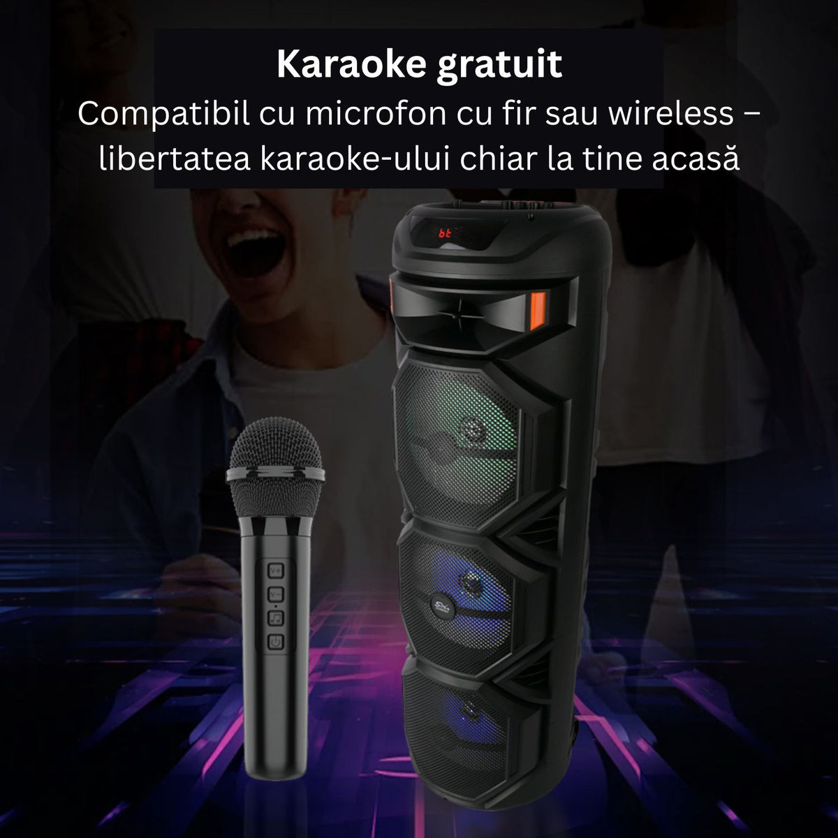 Boxa karaoke portabila Bluetooth cu microfon wireless, lumini LED RGB, 8 inch, ideala pentru petreceri si evenimente