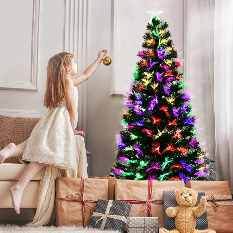 Brad artificial cu fibra optica multicolora si LED-uri, suport metalic, 120cm pana la 240cm