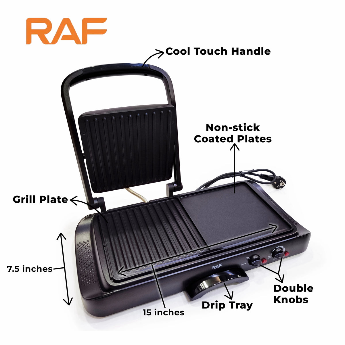 Grill și plită electrică 2 în 1 RAF  R.2695 – Putere 1600W, suprafata antiaderenta, temperatura reglabila, culoare negru