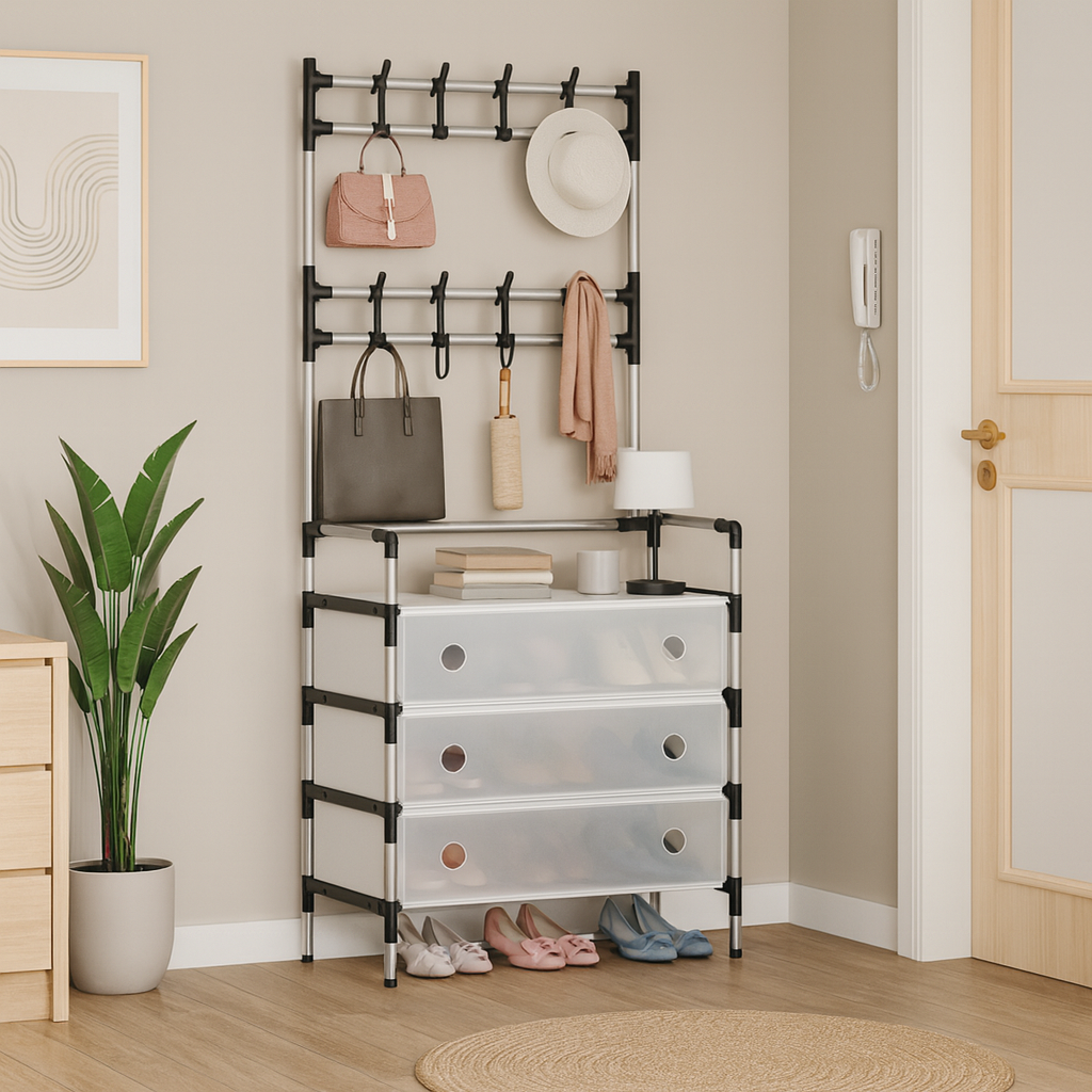 Cuier cu raft pantofi pe 3 niveluri si 8 carlige duble, suport haine si incaltaminte pentru hol