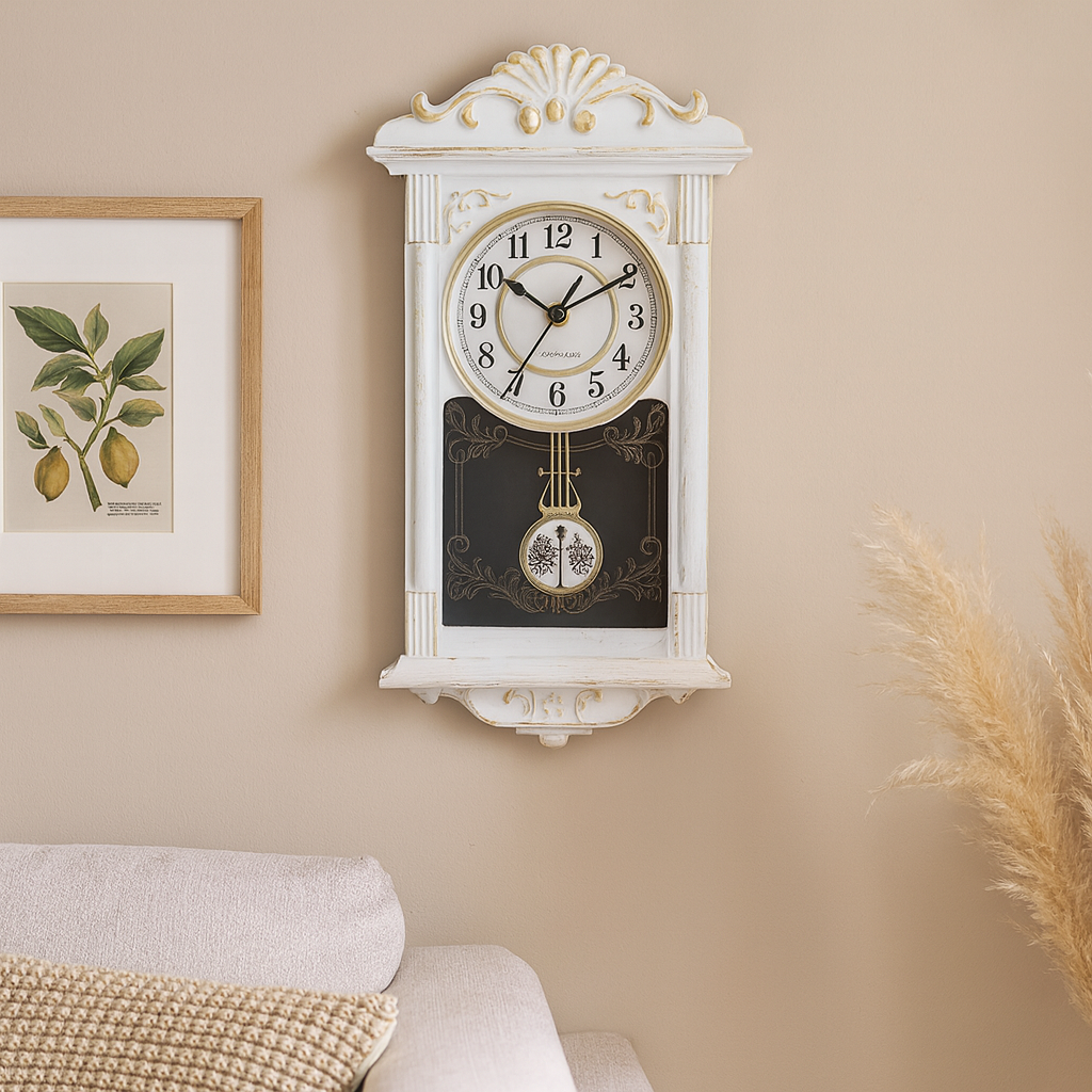 RESIGILAT - Ceas de perete vintage cu pendul, aspect lemn, 41 cm x 22 cm x 7 cm
