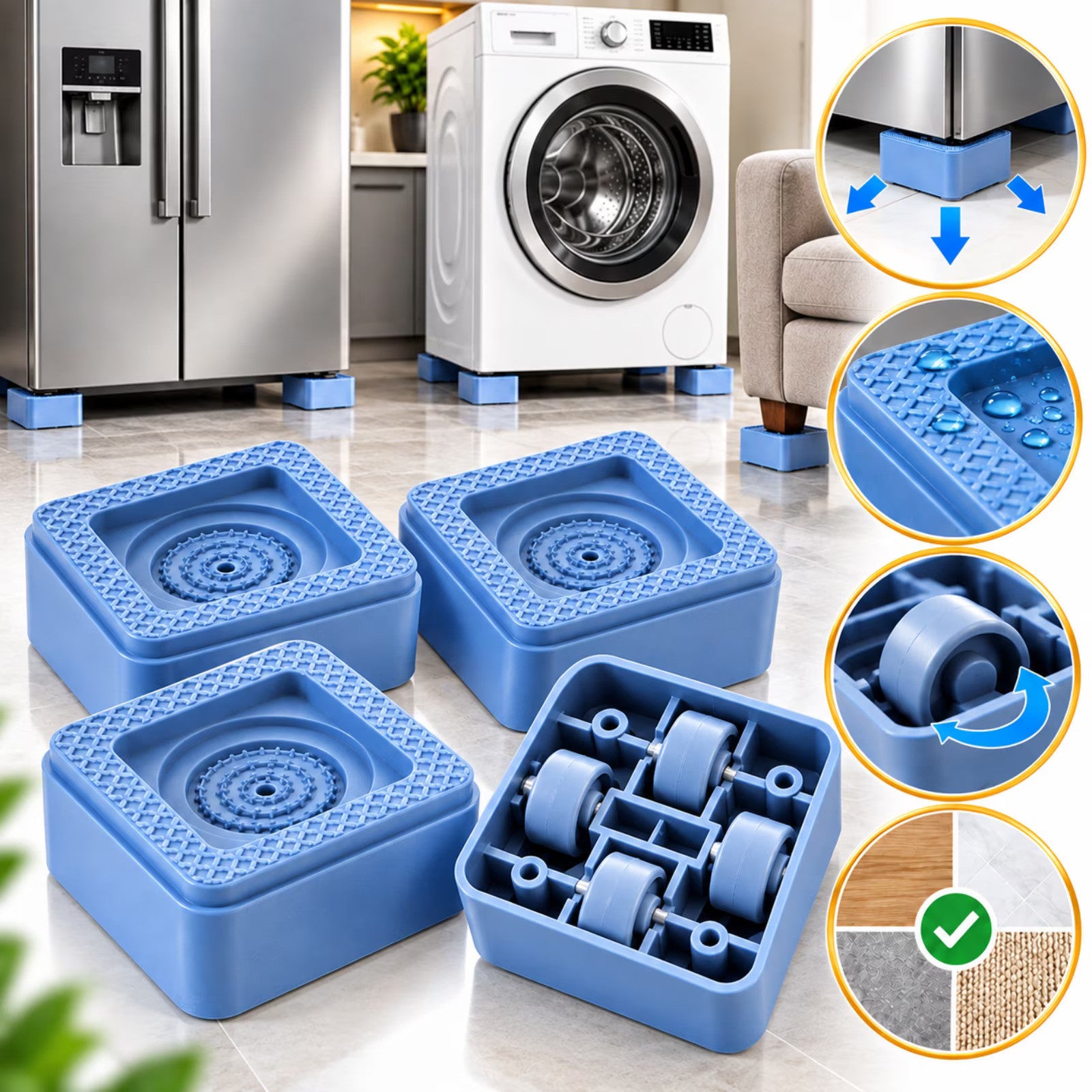Universal Set 4 Picioare Inaltatoare Antiderapante cu Roti Integrate pentru Masina de Spalat Frigider Mobilier 7.5x4 cm Albastru - in context de utilizare