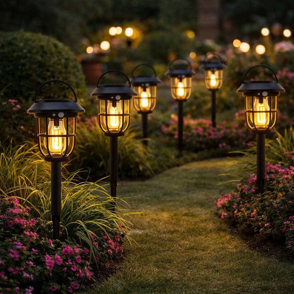 Lampa solara LED 3 in 1 pentru exterior, tip felinar, senzor lumina, iluminare decorativa gradina