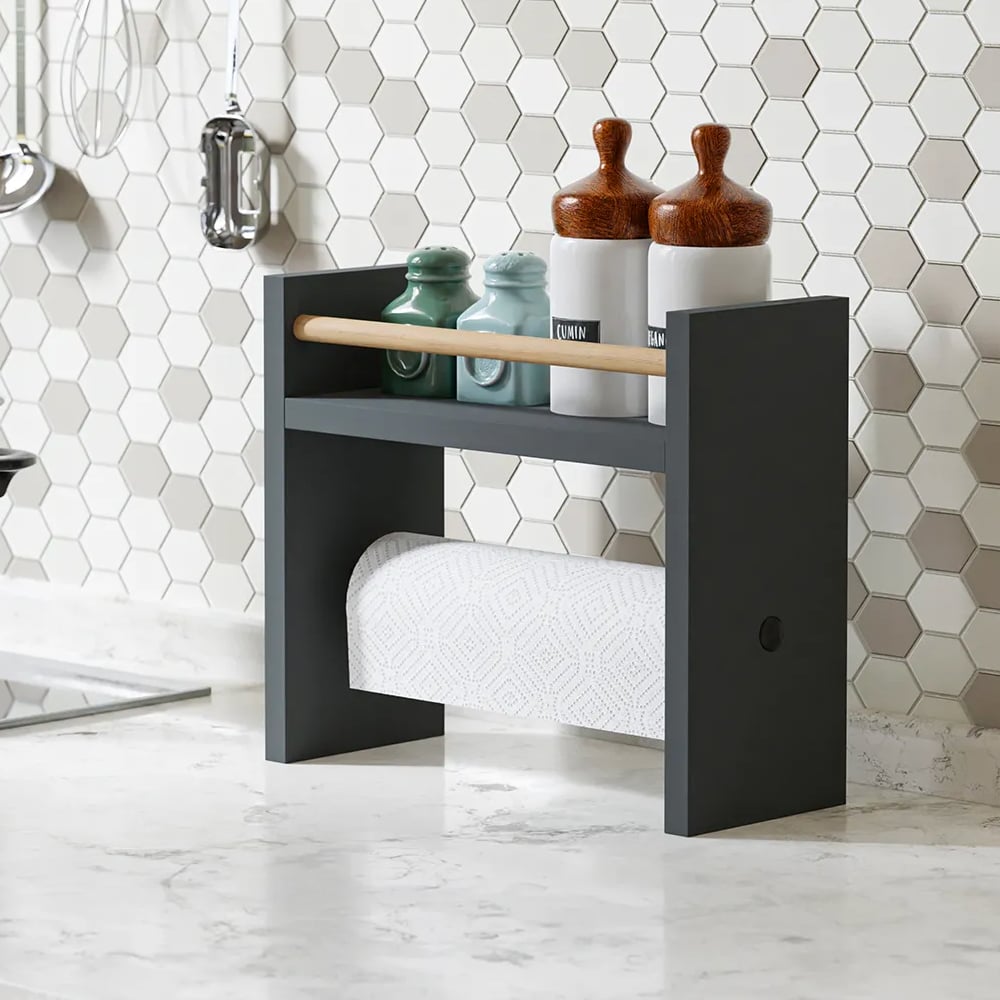 Raft lemn bucatarie 2 in 1 cu suport prosop hartie, organizator condimente, 30x13.5x29 cm