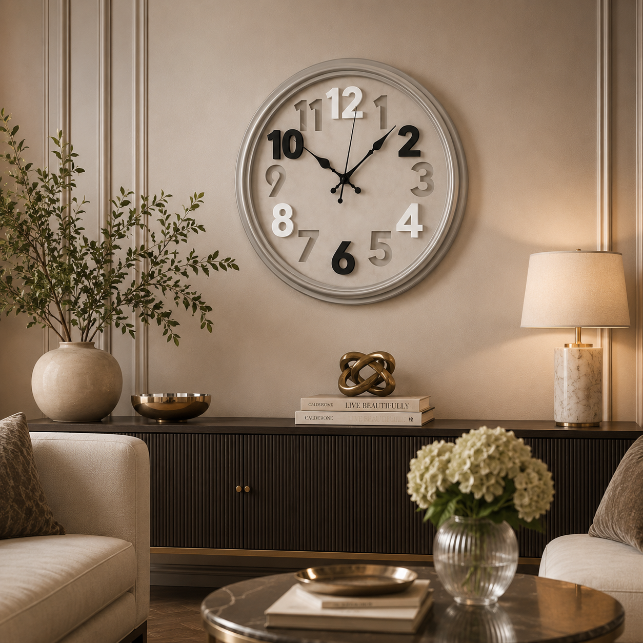 Ceas de Perete Modern Rotund Argintiu Cifre 3D 40cm Design Contemporan - detaliu produs