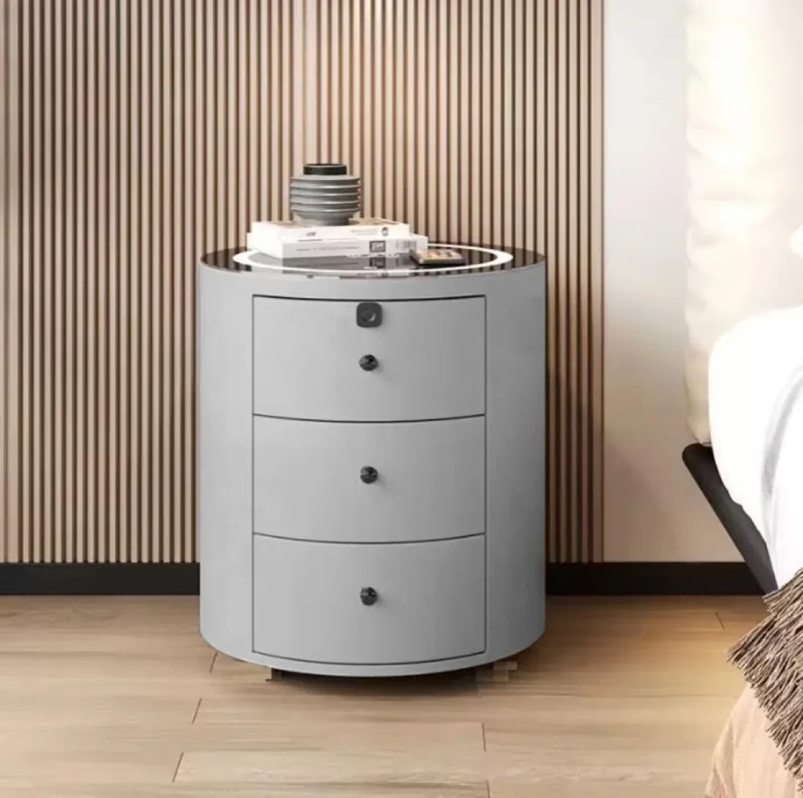 Noptiera Inteligenta Amprentă Wireless Charging LED 3 Culori USB Type-C Sticla Securizata 3 Sertare - detaliu produs