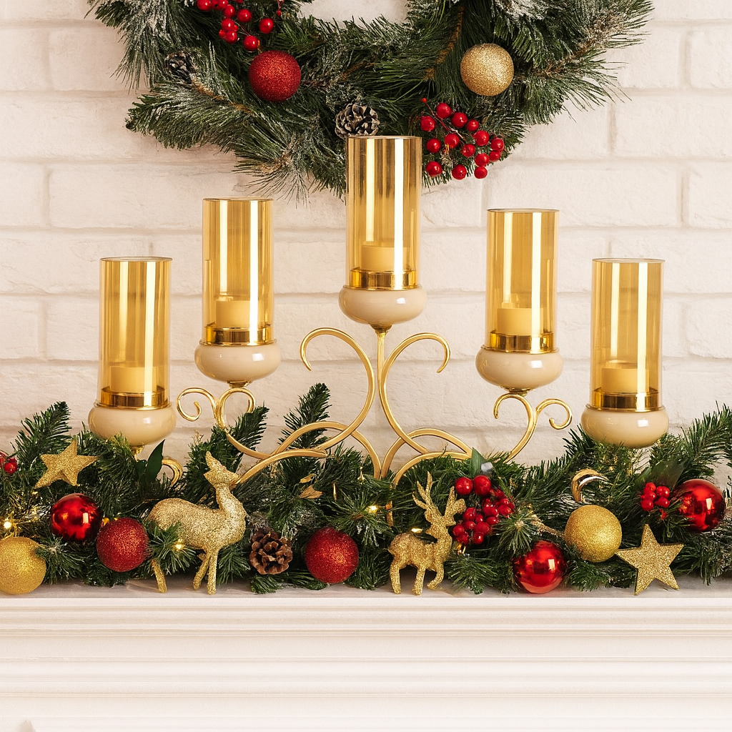 Candelabru Decorativ 34x69 cm cu 5 Suporturi Sticla Chihlimbar, Design Auriu