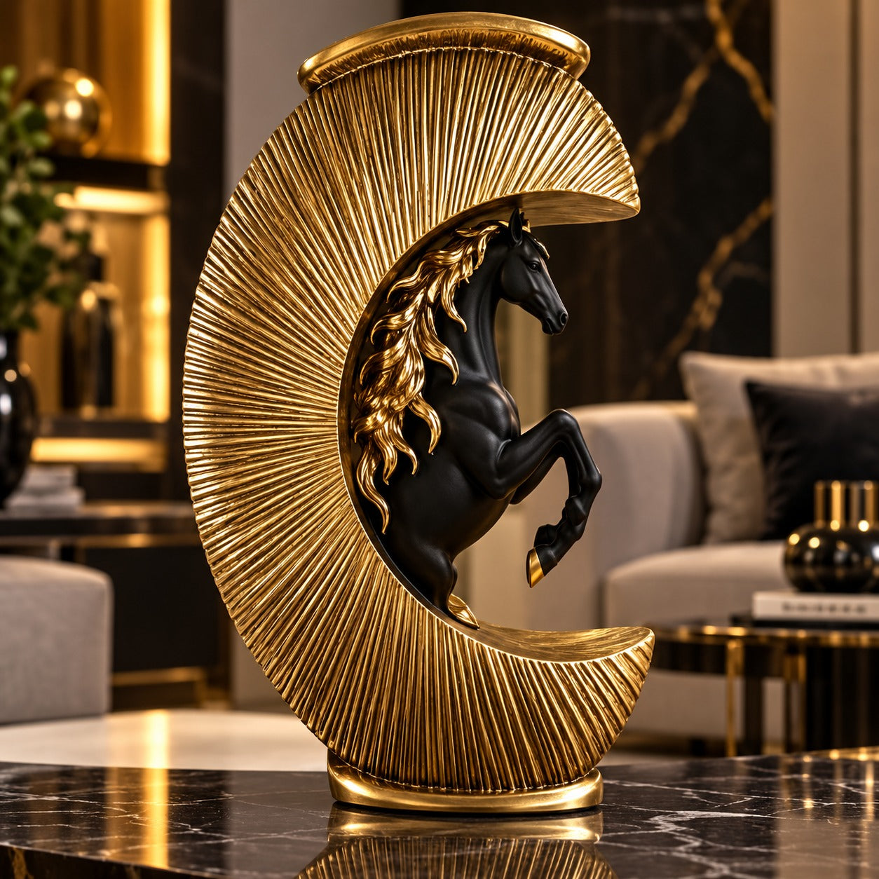 Statuetă Decorativă Premium cu Cal Alb în Semilună Aurie, din Rășină Finisată – 24 × 18 cm - detaliu produs