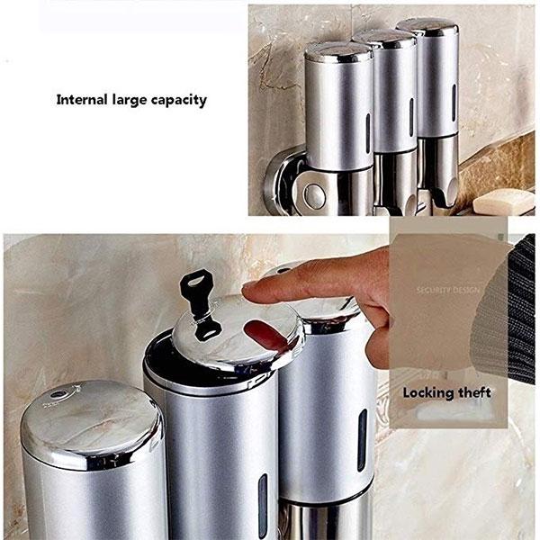 Set dispenser gel de dus, sampon, sapun lichid, balsam sau conditioner pentru baie, bucatarie, hotel, 3 X 500 ml, argintiu