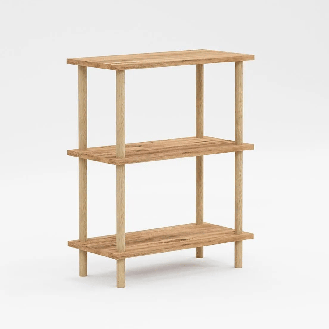 Etajera decorativa cu 3 rafturi si picioare din lemn – ideala ca biblioteca sau masuta laterala