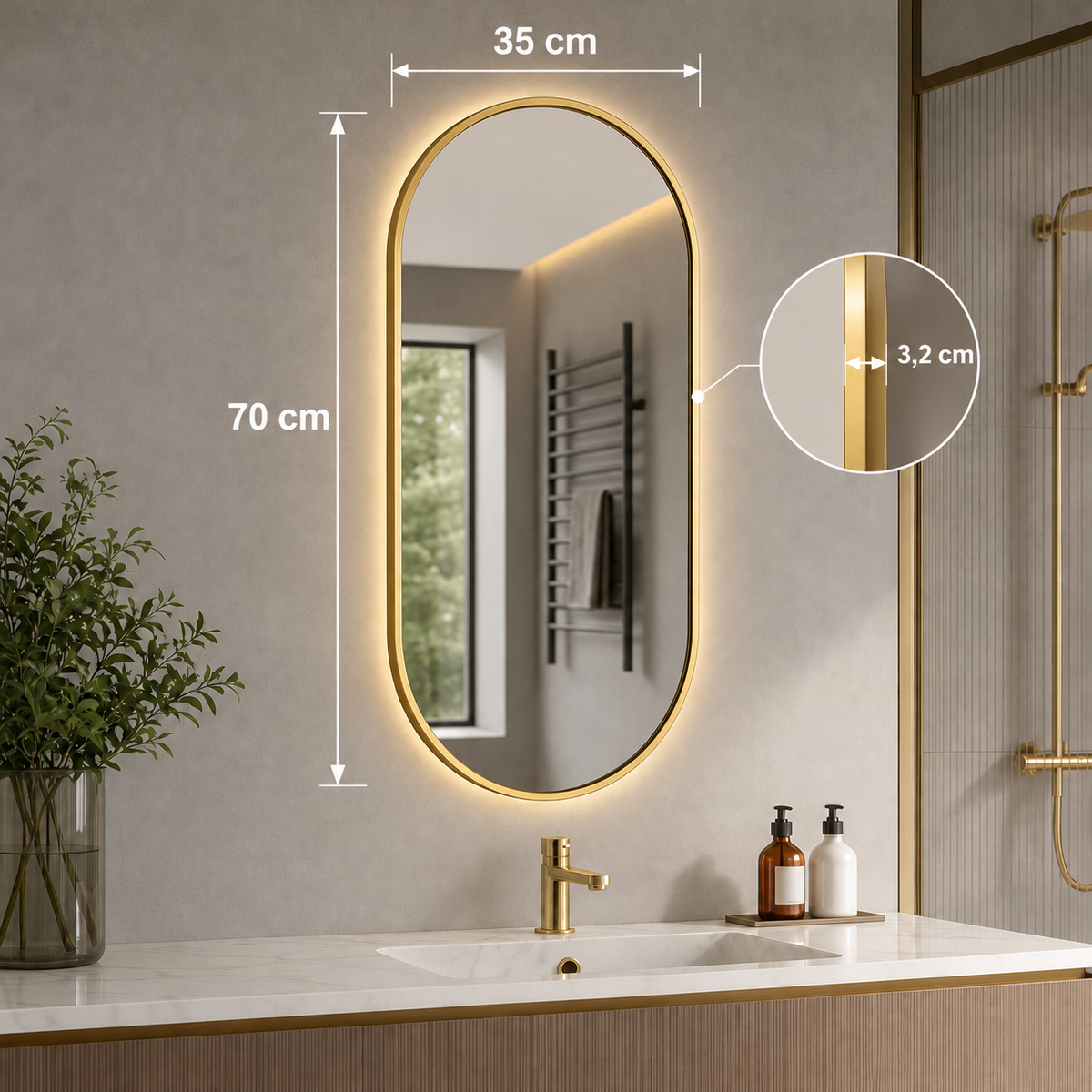 Oglindă LED cu iluminare, funcție touch, dezaburire și lumină reglabilă – 35 x 70 x 3,2 cm - detaliu produs