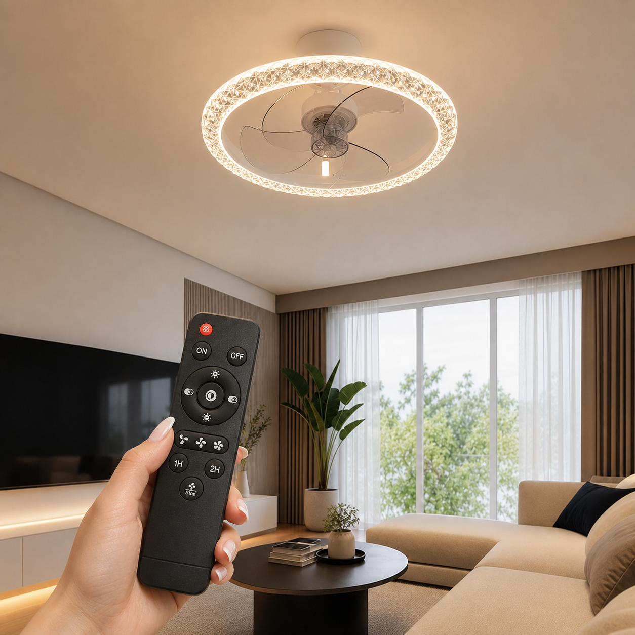 Lustra LED cu Ventilator Alba Rotunda Minimalist Design Modern - detaliu produs