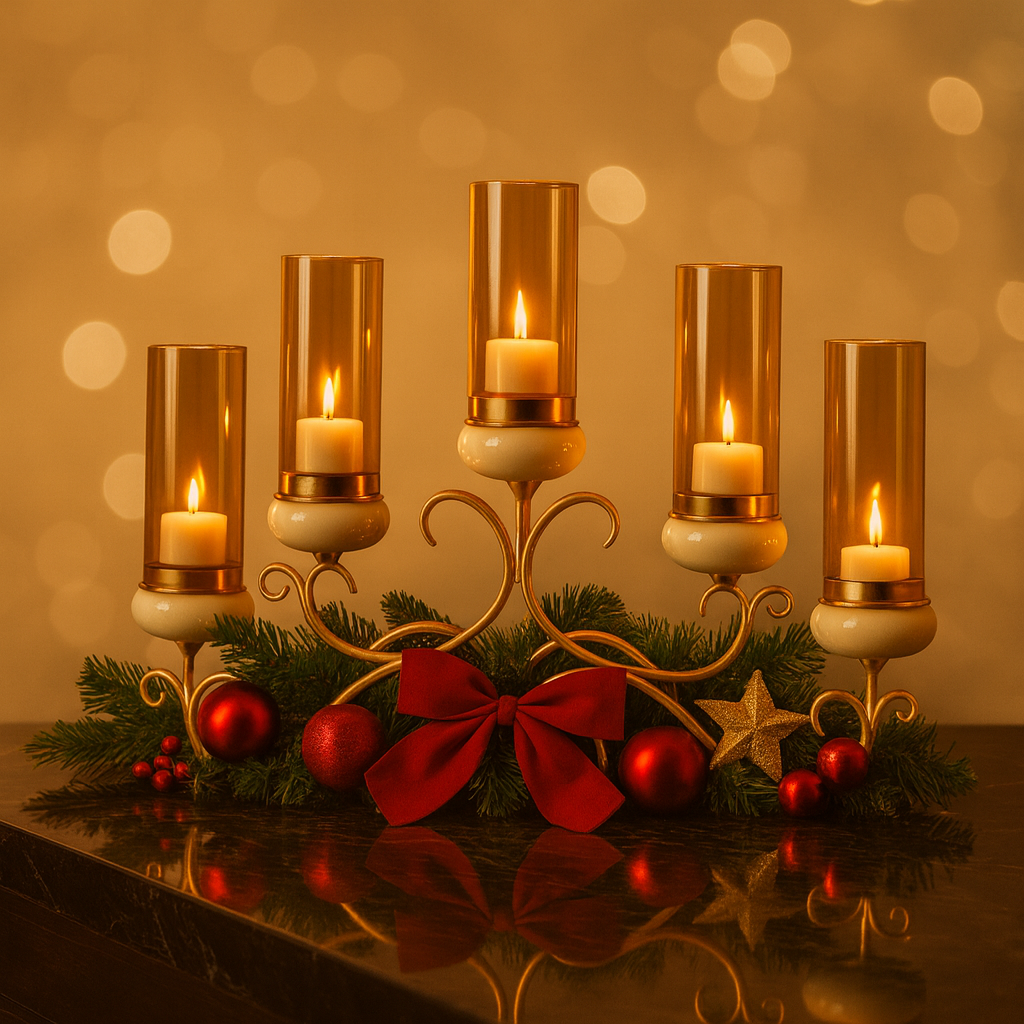 Candelabru Decorativ 34x69 cm cu 5 Suporturi Sticla Chihlimbar, Design Auriu