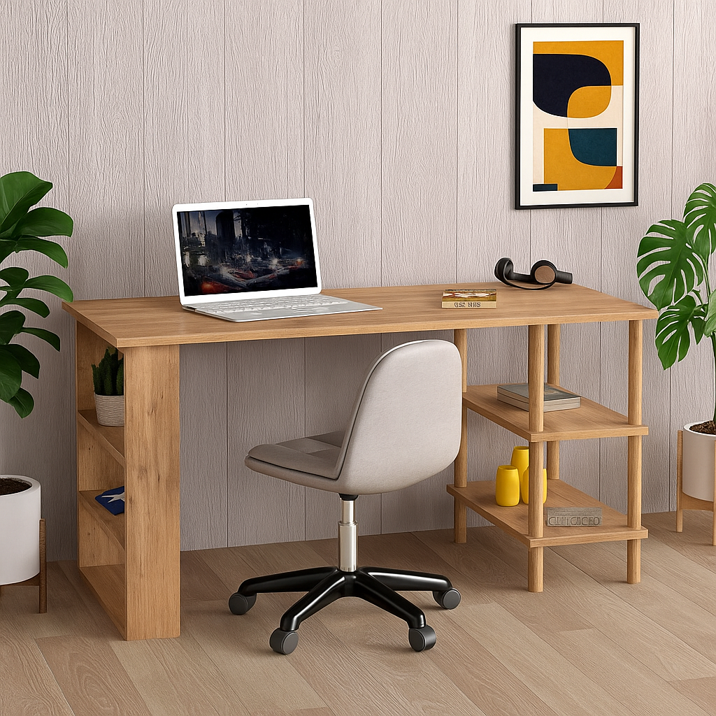 Birou de studiu cu raft dublu, MDF si lemn masiv, 120x60 cm