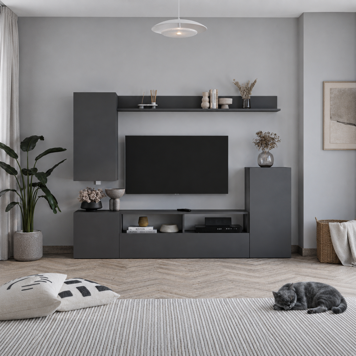 Comoda TV 210x38x90,4 cm, cu dulap suspendat, pentru living