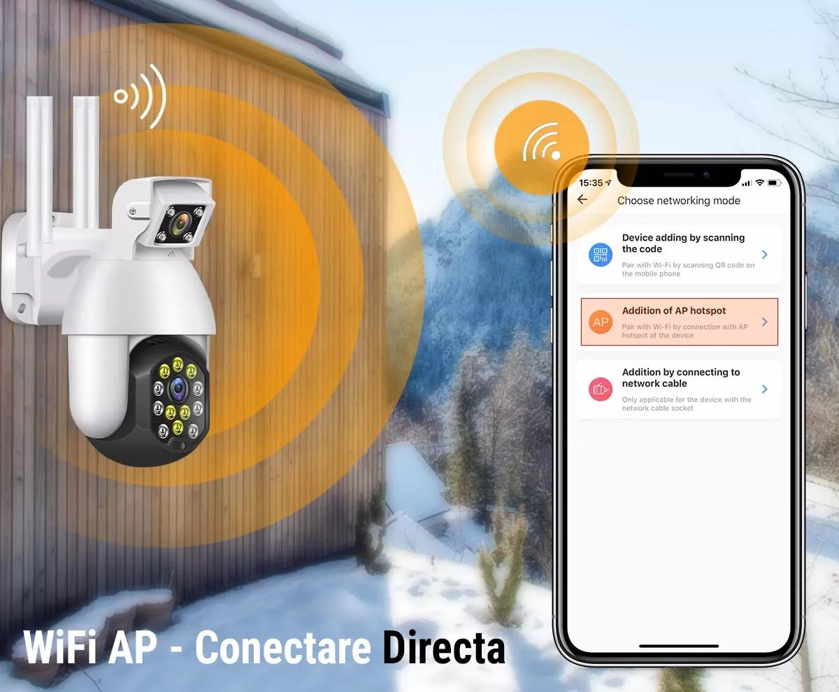 Camera de supravechere PTZ, camera Duala ,Lumina Infrarosie 40m, Iluminare LED, Control Miscare Vertical + Orizontal, Difuzor Audio si Microfon, Detectarea Miscarii, ONVIF, Cloud, MicroSD