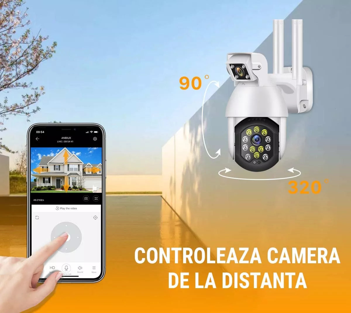 Camera de supravechere PTZ, camera Duala ,Lumina Infrarosie 40m, Iluminare LED, Control Miscare Vertical + Orizontal, Difuzor Audio si Microfon, Detectarea Miscarii, ONVIF, Cloud, MicroSD