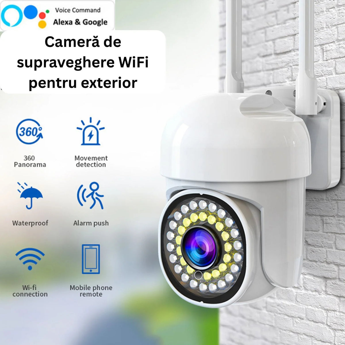 Pachet Camera de supraveghere WiFi pentru exterior cu Card 32GB Inclus, HD panoramica, vedere nocturna, audio bidirectional, rezistenta la apa, 2MP sau 3MP