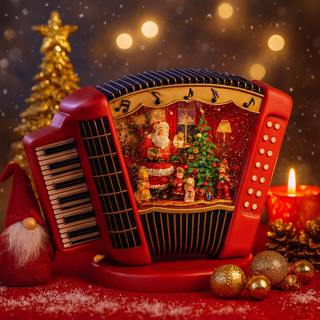 Acordeon decorativ Craciun premium cu lumini, muzica si glob cu zapada
