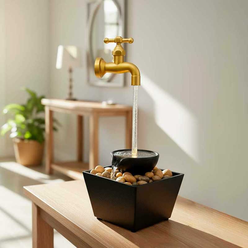 Fantana decorativa cu robinet plutitor si LED multicolor, efect cascada, decor interior 11.5 x 11.5 x 28 cm