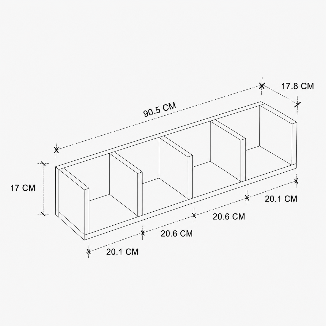 Raft suspendat din PAL 90,5x17,8x17 cm, cu 4 compartimente, pentru carti si decoratiuni