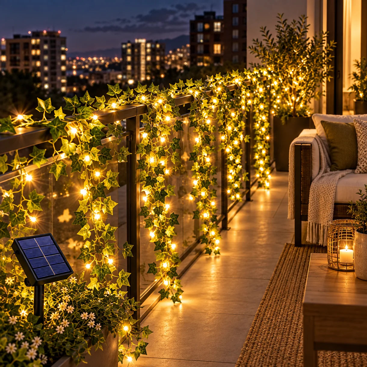 Instalatie solara LED tip iedara cu frunze artificiale lumina calda 7m 50 LED-uri sau 12m 100 LED-uri - imagine principala