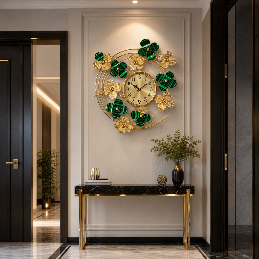 Ceas de Perete Decorativ Premium Floral, Design Auriu cu Verde, Fier, Mecanism Quartz, 60 cm - imagine principala
