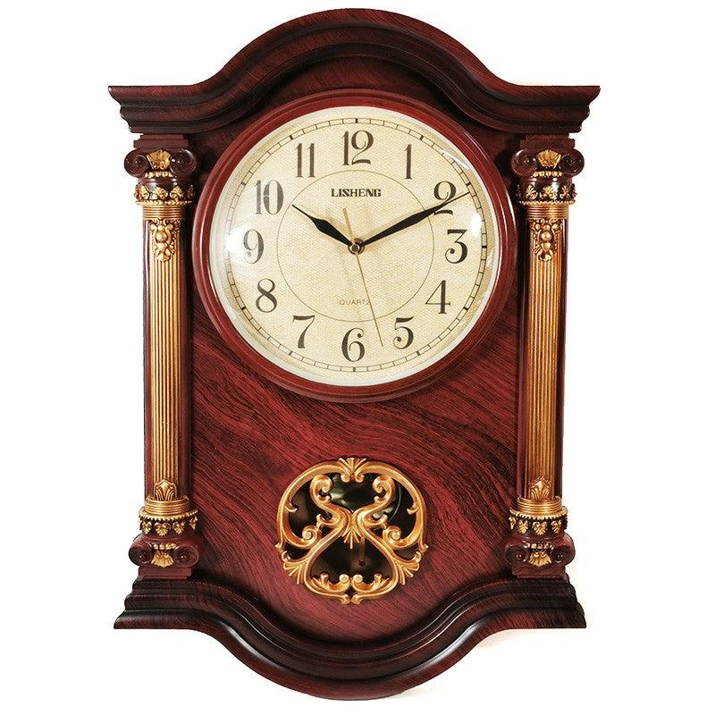 Ceas de perete maro cu decoratiuni aurii si pendula, stil somptuos, mecanism quartz, 60×40×10 cm