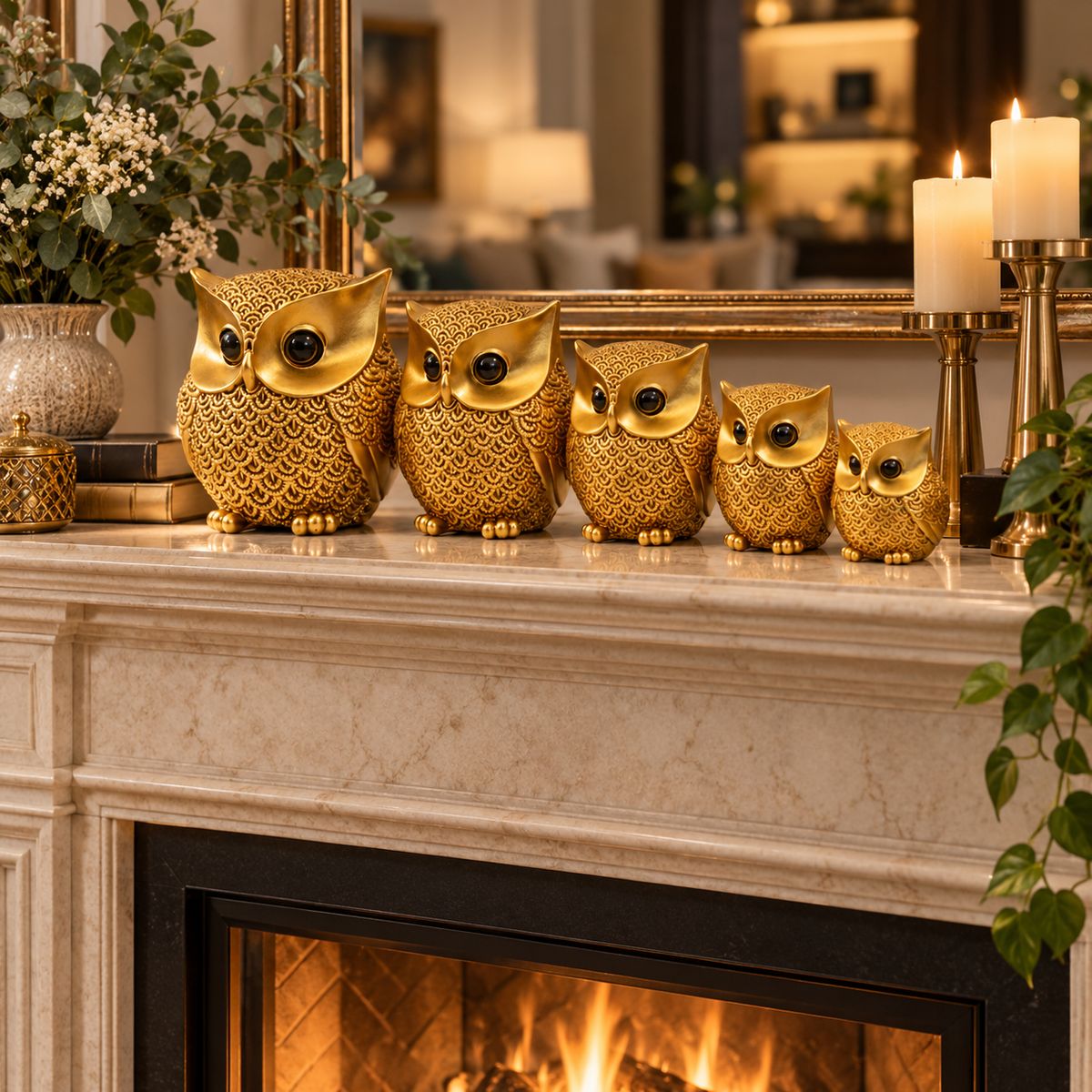 Set 5 Bufnițe Decorative Aurii din Rășină, Dimensiuni Diferite, 13–7,5 cm, Design Elegant, Ornamente pentru Living, Birou și Dormitor - detaliu produs