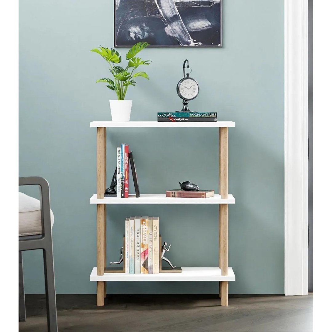 Etajera decorativa cu 3 rafturi si picioare din lemn – ideala ca biblioteca sau masuta laterala