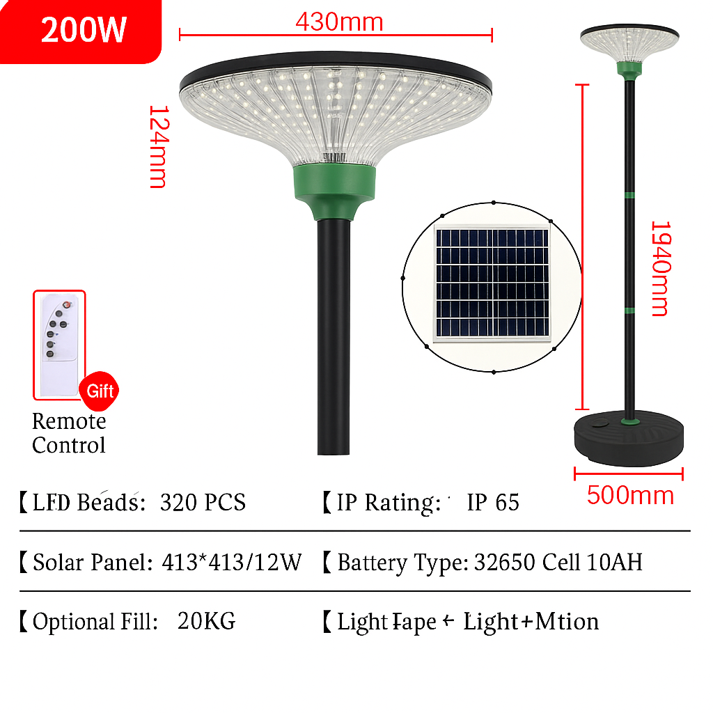 Lampa solara LED 200W, iluminare inteligenta in 3 culori, telecomanda si stalp inclus