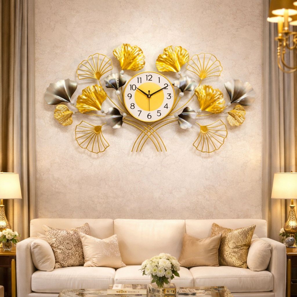 Ceas Decorativ de Perete, Design Floral Modern, Metal Auriu si Gri-Verzui, 90 x 45 cm