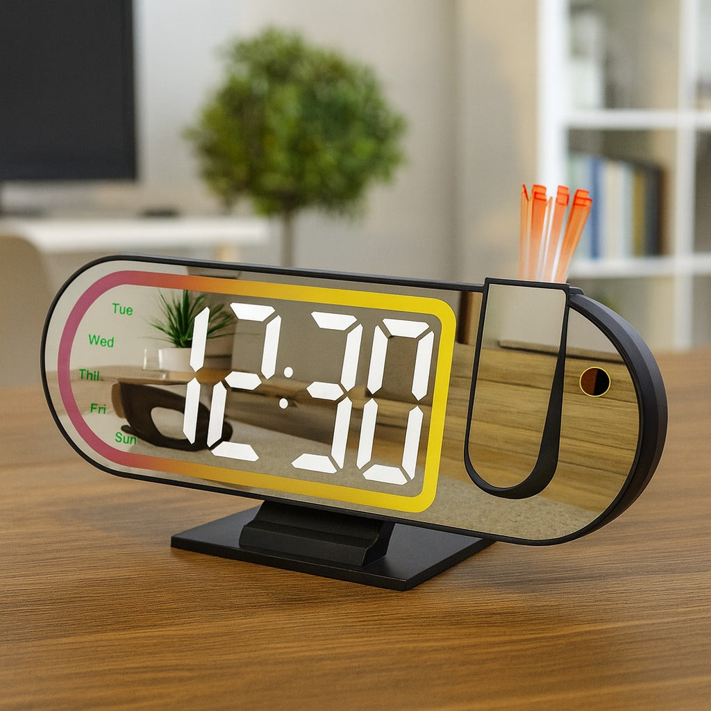 Ceas digital cu proiectie, design minimalist si futurist, afisaj LED, temperatura, calendar si lumina ambientala – 23 × 9.5 cm