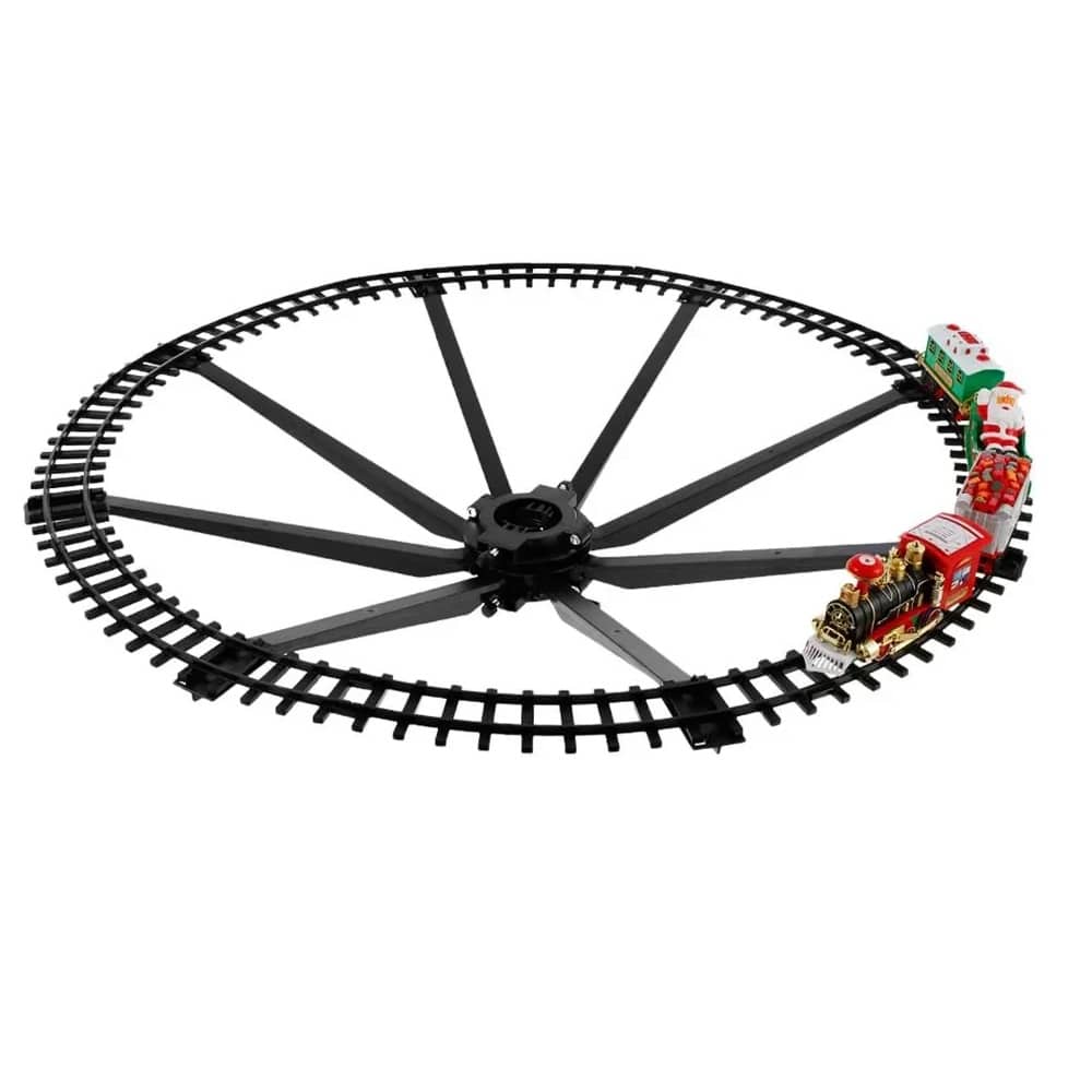 Set Tren Electric de Craciun  pentru Brad cu Fum, Lumini si Sunete, 22 Piese, Locomotiva, Vagon Carbune, Sanie Mos Craciun si Sine