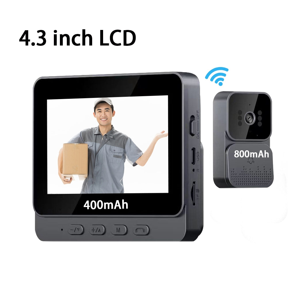 Sonerie video inteligenta Wireless, Ecran IPS 4.3 inch, Night Vision, Senzor IR, Interfon Video HD, 8MP, comunicare bidirectionala, unghi de vizualizare 170°, baterii incorporate, Negru