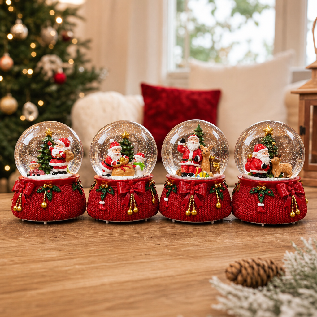 Glob Decorativ de Crăciun Premium cu Moș Crăciun, Brad și Ren – 15 × 10 cm - detaliu produs